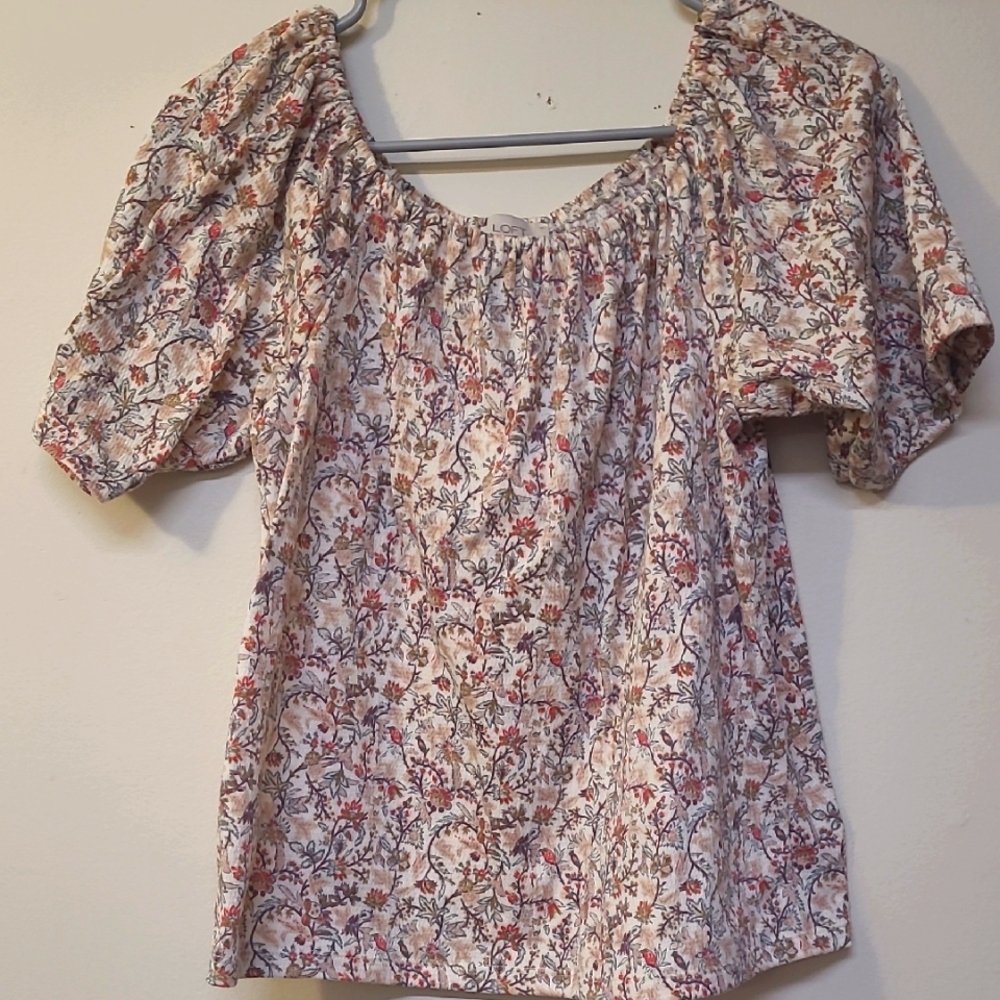 LOFT‎ Pink and Gray Smocked Puff Sleeve Blouse used good condition.